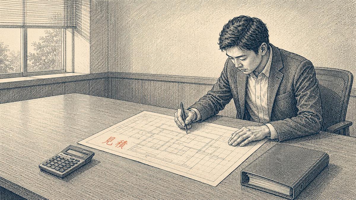 会議室の机で図面にペンを入れる男性。図面の余白に朱色で「見積」と書かれ、電卓とファイルが並ぶ