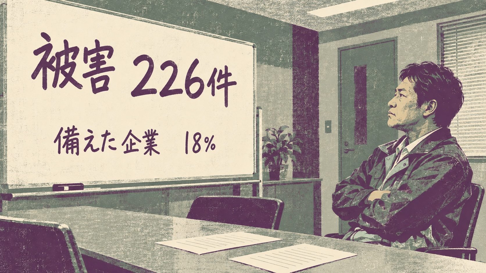 会議室で男性がホワイトボードを見ている。ボードに「被害 226件」と「備えた企業 18%」と書かれている