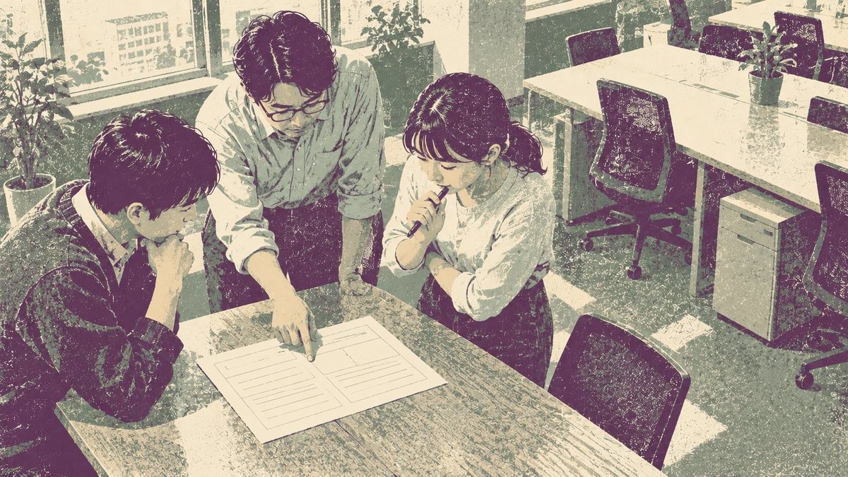 オフィスで3人が机を囲み、広げた手順書を指さしながら順番を確認している