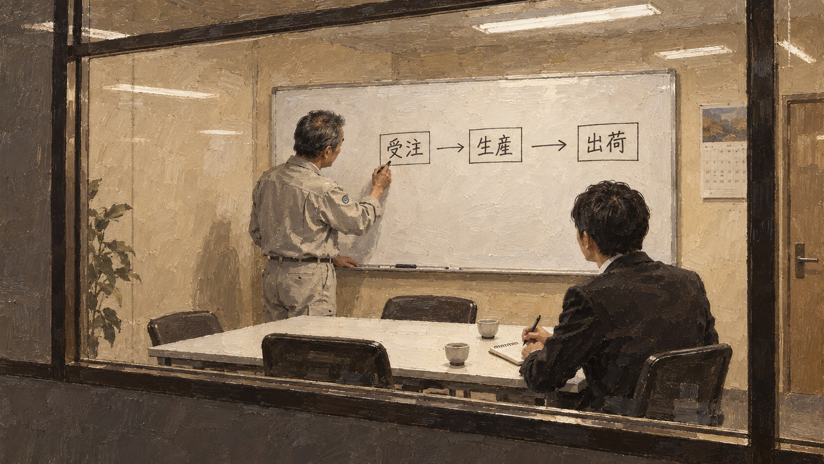 工場の事務棟の会議室を廊下の窓ガラス越しに見た油彩画。作業服の男性がホワイトボードに「受注→生産→出荷」の流れをマーカーで書き、向かいに座るスーツの男性がノートにメモを取っている