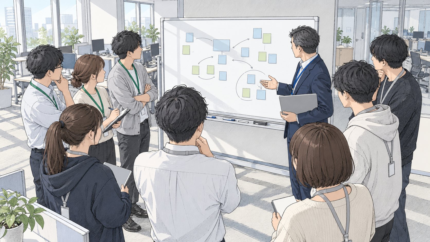 朝のオフィスでホワイトボードの前に9人のエンジニアが立って朝会をしている建築パース風のイラスト。紺のスーツの男性1人は青いストラップ、3人は緑のストラップ、5人は灰色のストラップを首から下げている