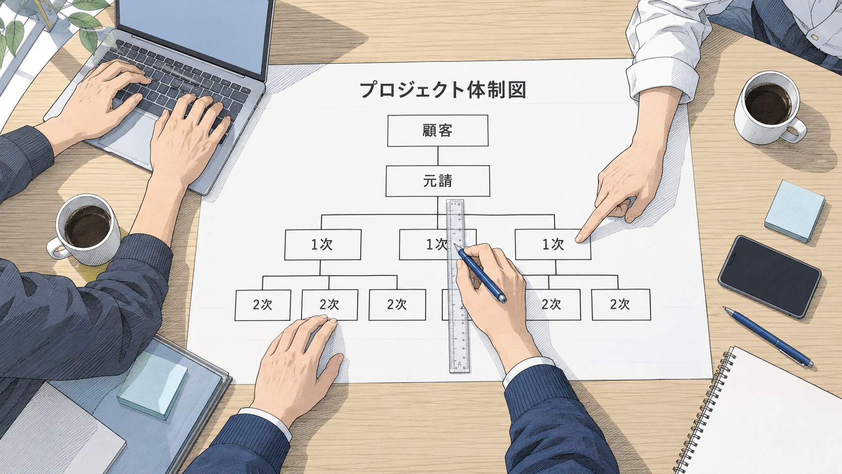 打ち合わせ机に広げた「プロジェクト体制図」を真上から見た建築パース風のイラスト。「顧客」の下に「元請」、その下に「1次」が3つ、「2次」が6つ並び、手前の人が定規を当ててペンで線を引き、奥の人が1次の箱を指さしている