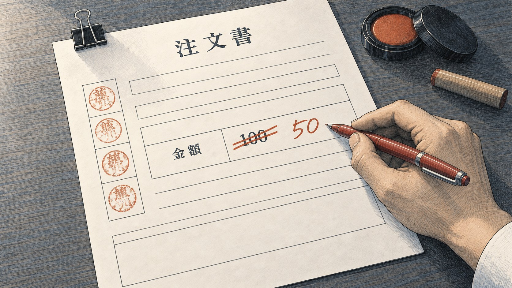 事務机の上の注文書。金額欄で印字された100に赤い二重線が引かれ、その隣に赤ペンで50と書き直されている。左端の押印欄には会社の判子が4つ押されている
