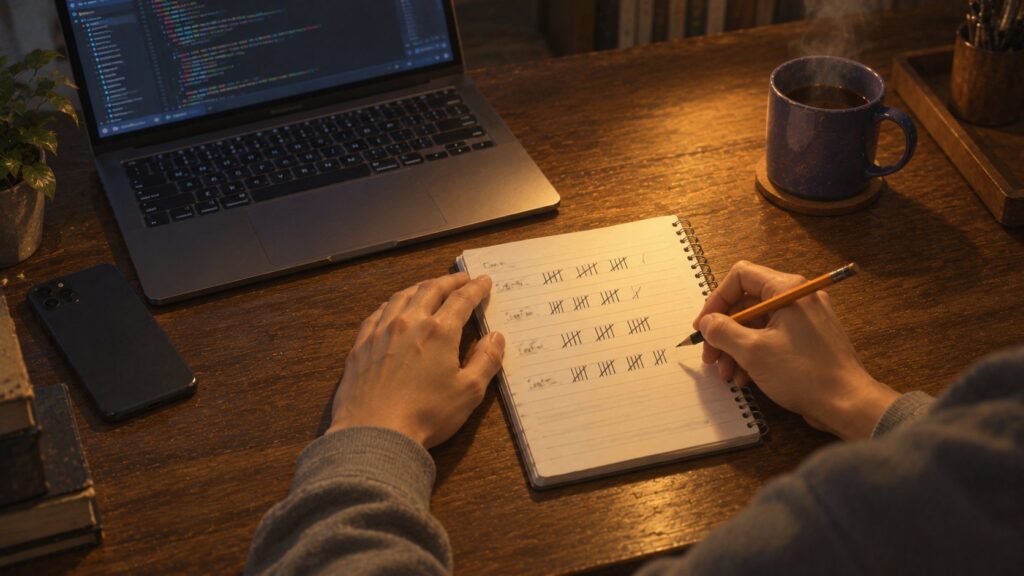夜の自宅の食卓で、ノートにくり返した作業の回数を線で数えながら書き込む男性の手元を描いた油彩画。奥のノートパソコンにはコードの画面が開いている