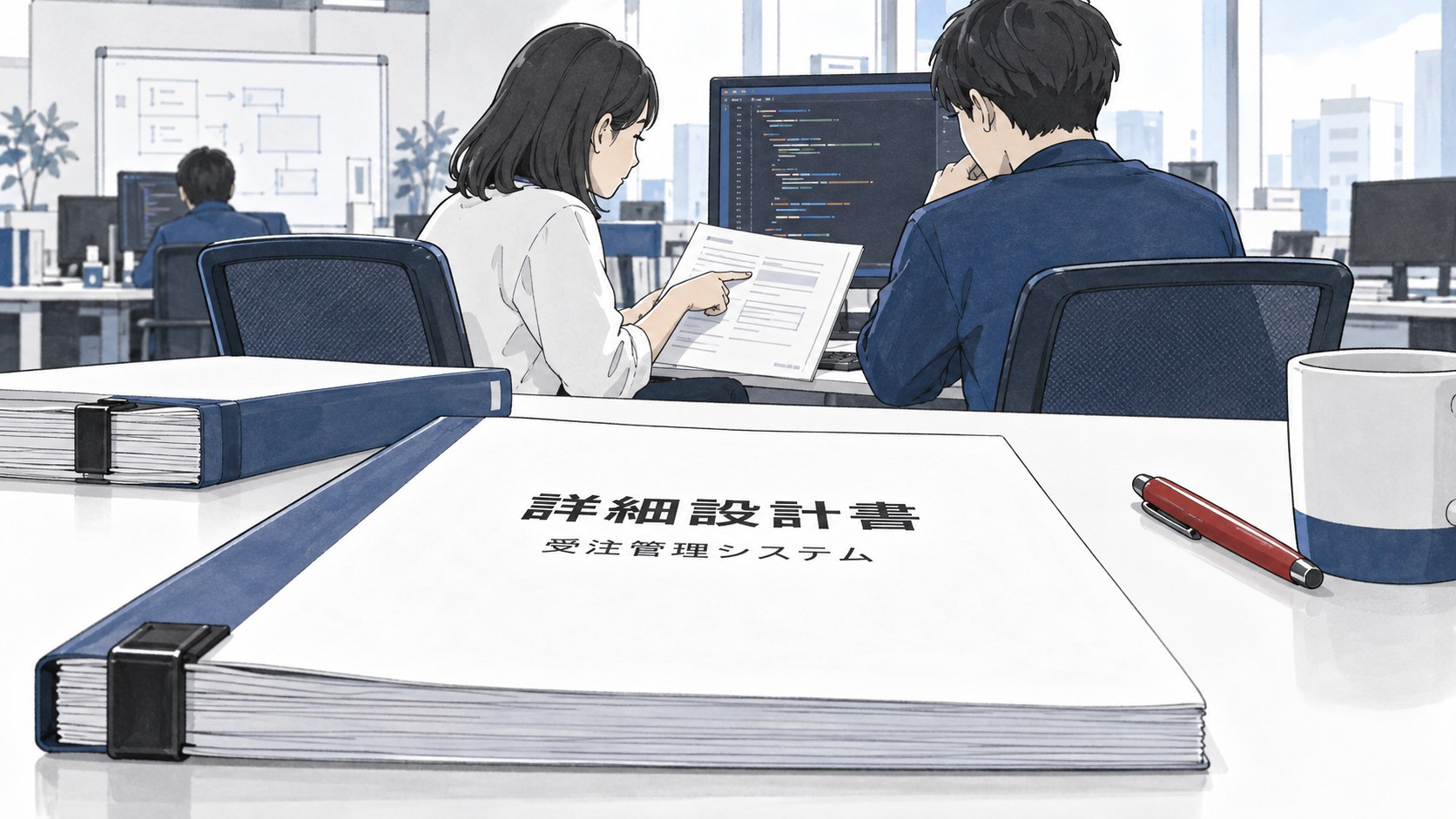 システム開発会社の開発フロアを机の高さから見たマーカー画のイラスト。手前に「詳細設計書 受注管理システム」と書かれた厚い書類、奥でシステムエンジニアが設計書のページを指さしながら、コードを映したモニターの前のプログラマーに説明している