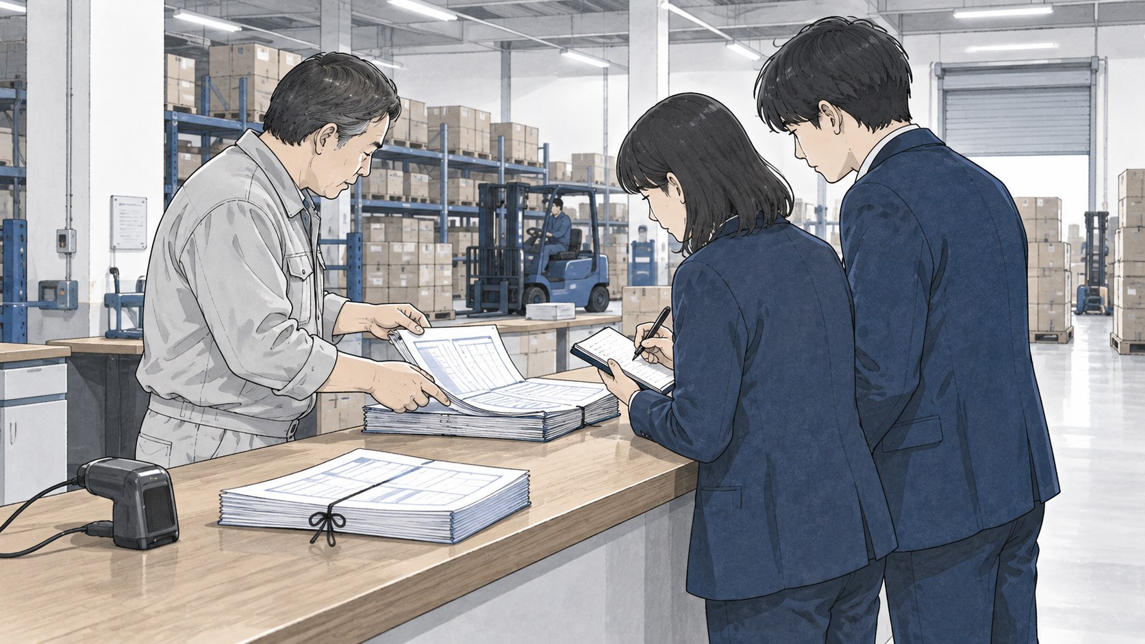 顧客企業の倉庫の出荷カウンターで、作業着の担当者が綴じ紐でまとめた伝票をめくりながら説明し、向かいのシステムエンジニア2人がメモを取っているマーカー画のイラスト。奥に段ボールの棚とフォークリフト