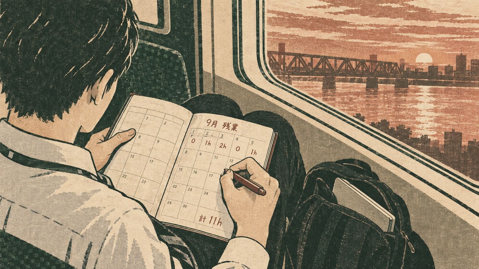 夕方の帰宅電車で、膝の上に開いた手帳に今月の残業時間を書き込む若いシステムエンジニア。手帳には「9月 残業」の見出しと日ごとの「0」「1h」「2h」、合計欄に「計 11h」