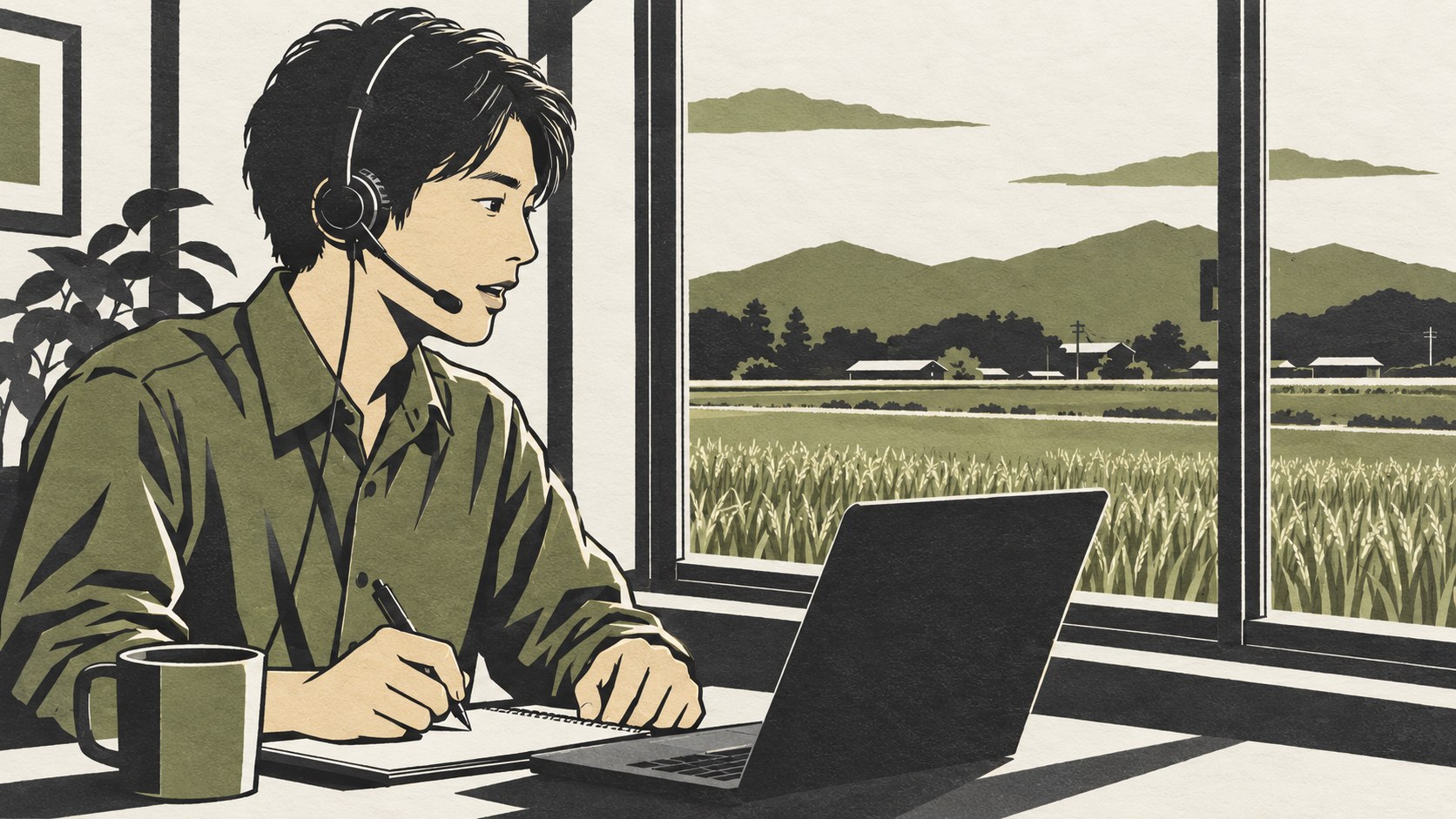 地方の自宅で、ヘッドセットをつけてノートPCに向かい東京の会社とオンラインで打ち合わせをする男性の横顔の切り絵。窓の外には稲穂の田んぼと山
