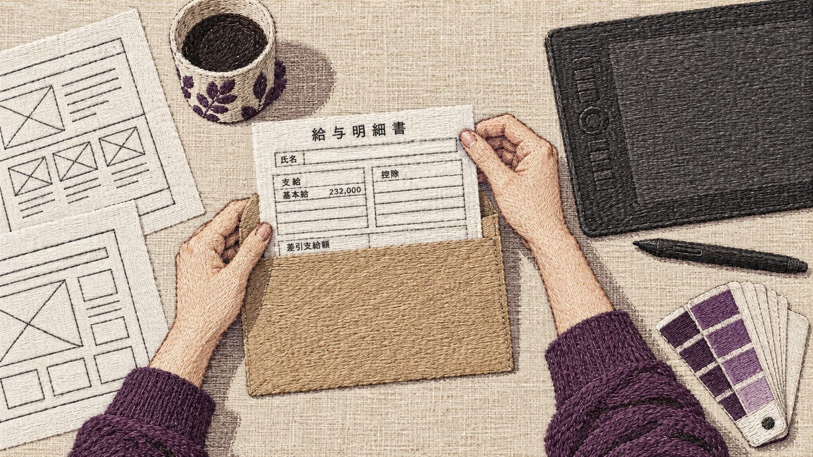 小さなWeb制作会社の机を真上から見た刺繍のイラスト。両手が茶封筒から給与明細書を半分引き出していて、支給欄に「基本給 232,000」とある。まわりにWebページのワイヤーフレームの紙、ペンタブレット、色見本帳、マグカップ