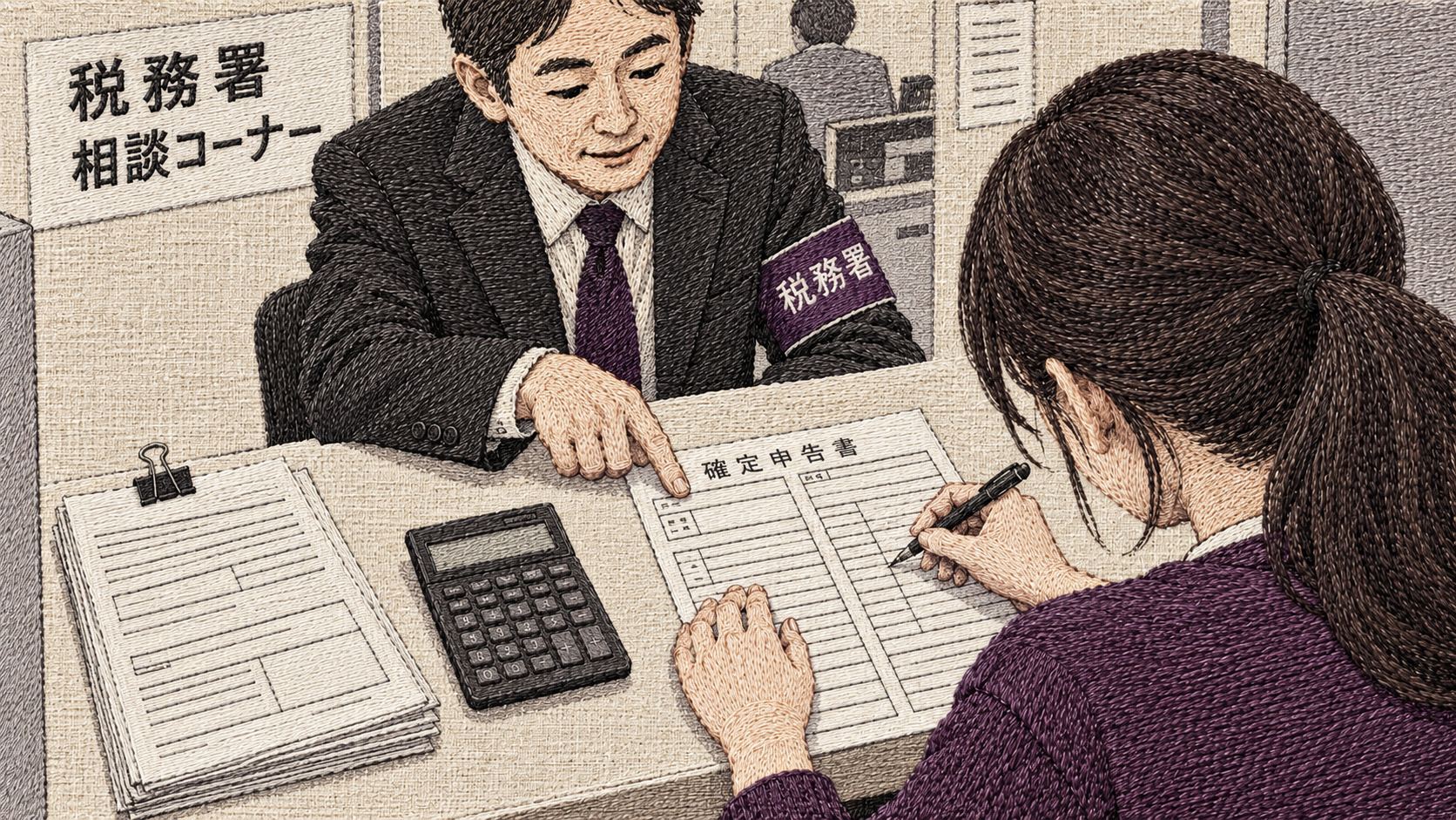 税務署の相談コーナーで、フリーランスの女性デザイナーが確定申告書に記入している刺繍のイラスト。向かいの職員が用紙を指さして説明し、カウンターには電卓と請求書の束