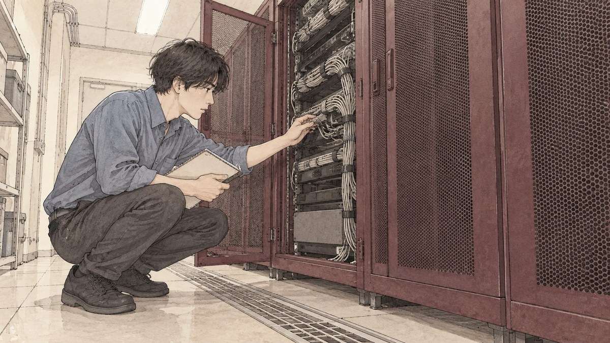 サーバールームでエンジニアがラックの扉を開けて配線を手で辿りながらノートを持っている