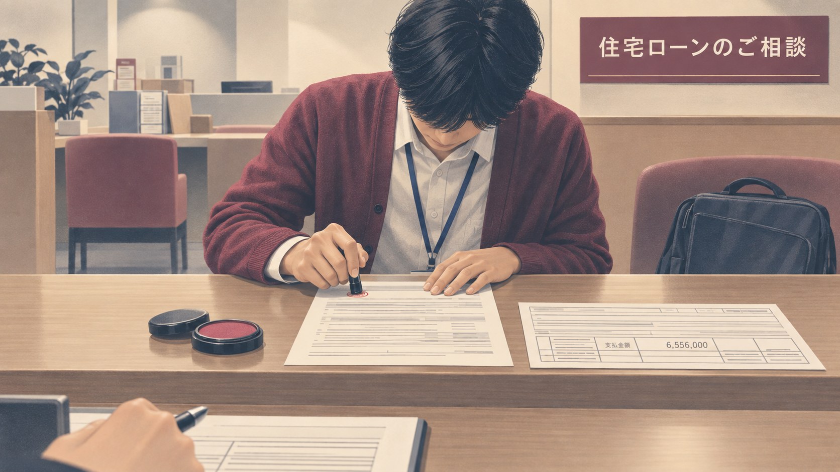 銀行の住宅ローン相談窓口で、社員証を下げたWebエンジニアが申込書に印鑑を押しているエアブラシ風のイラスト。カウンターの源泉徴収票の支払金額欄に「6,556,000」、奥の案内板に「住宅ローンのご相談」