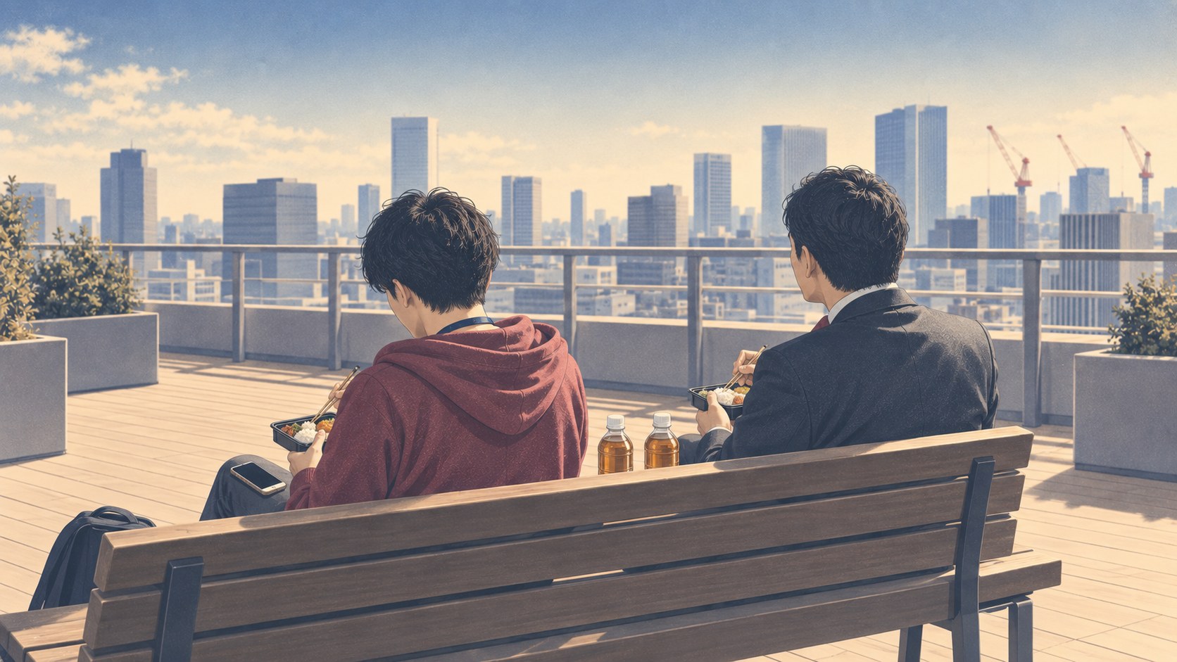 晴れた昼のオフィスビルの屋上で、20代のエンジニアと40代のエンジニアがベンチに並んで弁当を食べている後ろ姿を描いたエアブラシ風のイラスト。遠くに高層ビルとクレーン