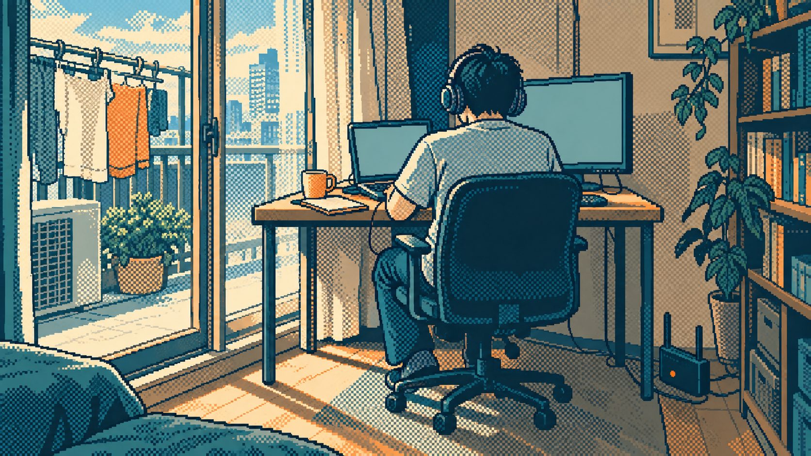 マンションの窓際の机で、ヘッドホンをつけてノートPCと外付けモニターに向かい在宅勤務するWebエンジニアを背後から描いたドット絵風のイラスト。ベランダに洗濯物