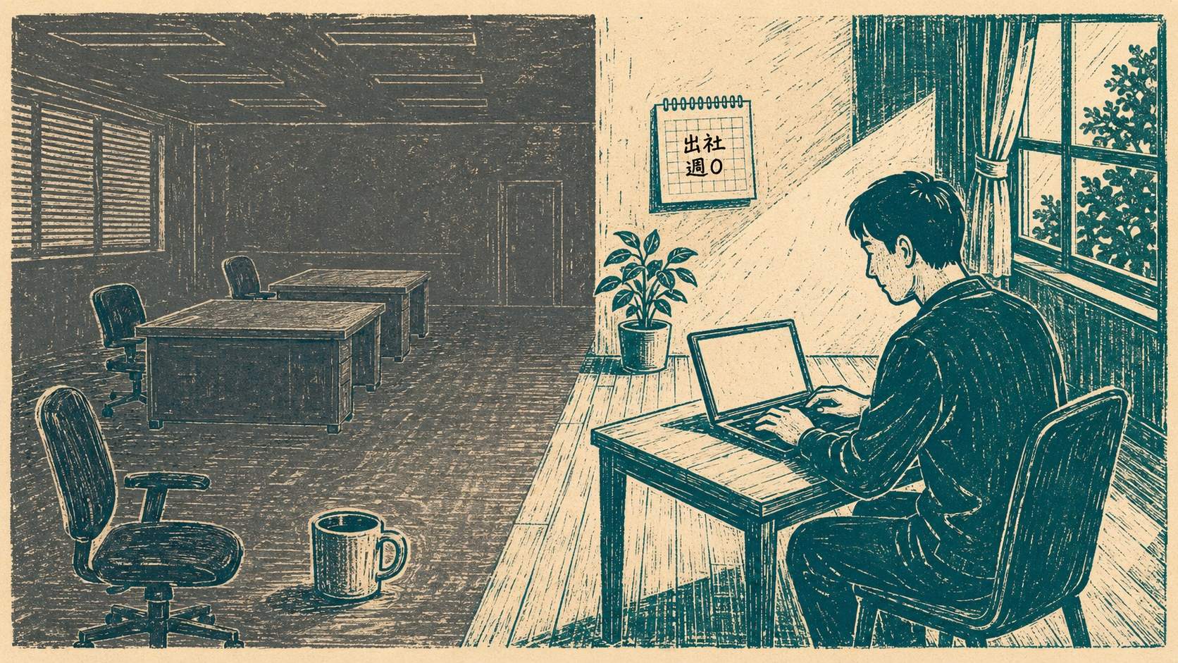 左は誰もいない暗いオフィス、右は自宅でノートパソコンに向かう男性。壁のカレンダーに「出社 週0」と書かれている
