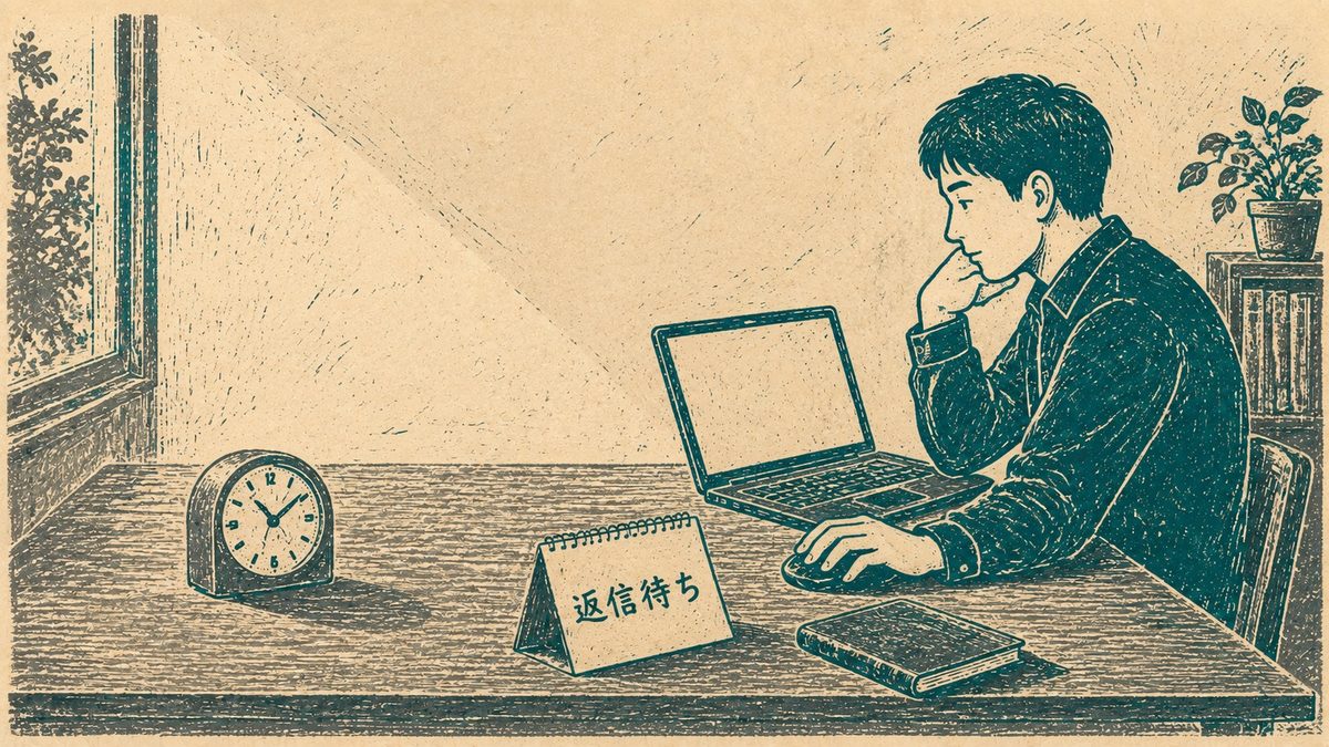 自宅の机でノートパソコンの前に頬杖をつく男性。机上には置き時計と「返信待ち」と書かれたメモが置かれている