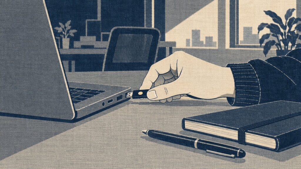 型染めの絵。朝のオフィスの机で、右手でつまんだUSB型のセキュリティキーを、ノートパソコンの側面の差し込み口に差し込もうとしている手元。手前に閉じた手帳とペンがある