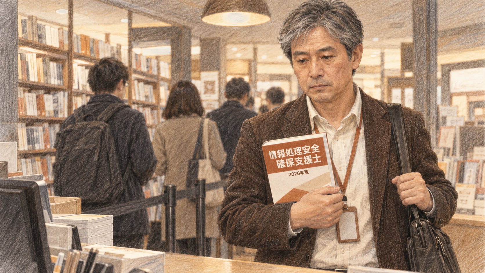 色鉛筆の細密画。夜の駅ビルの書店で、レジの列の先頭に並ぶ白髪まじりの50代の男性。焦げ茶のジャケットに社員証を下げ、右手で「情報処理安全確保支援士」「2026年版」と書かれた参考書を胸の前に持ち、左手は肩のビジネスバッグの持ち手を握っている。奥には資格書の棚と、列に並ぶ客の後ろ姿